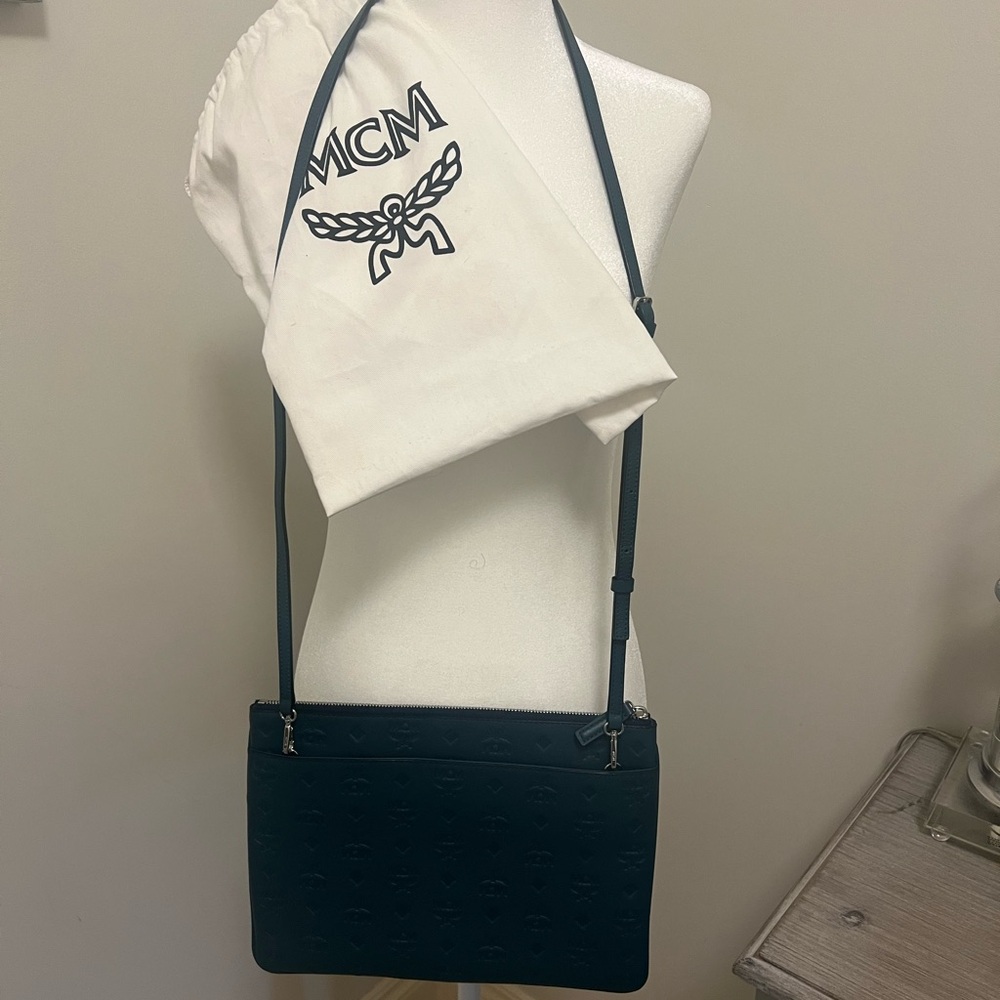 MCM Teal Embossed Leather Messenger Bag - Picture 2 of 6